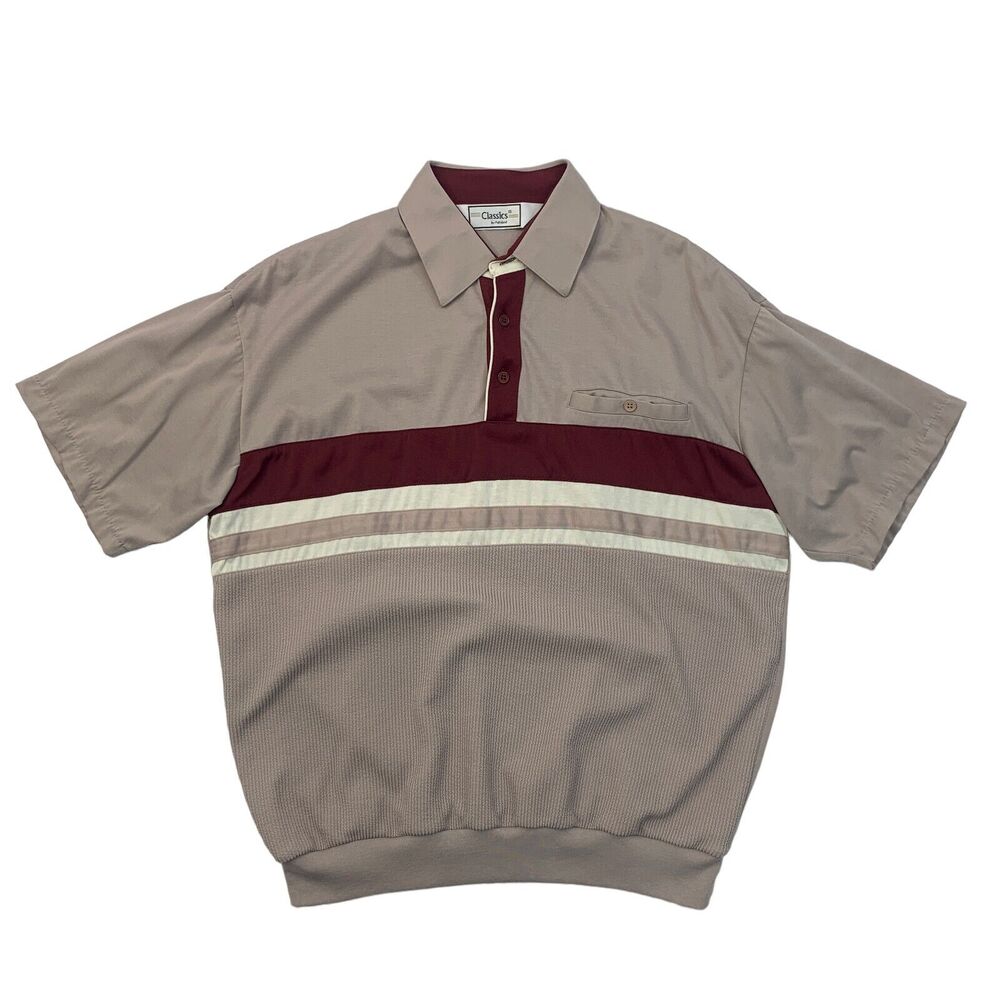 Vintage Palmland Classic Bowling Shirt Mens L Large Stone Ribbed Trim Grandpa